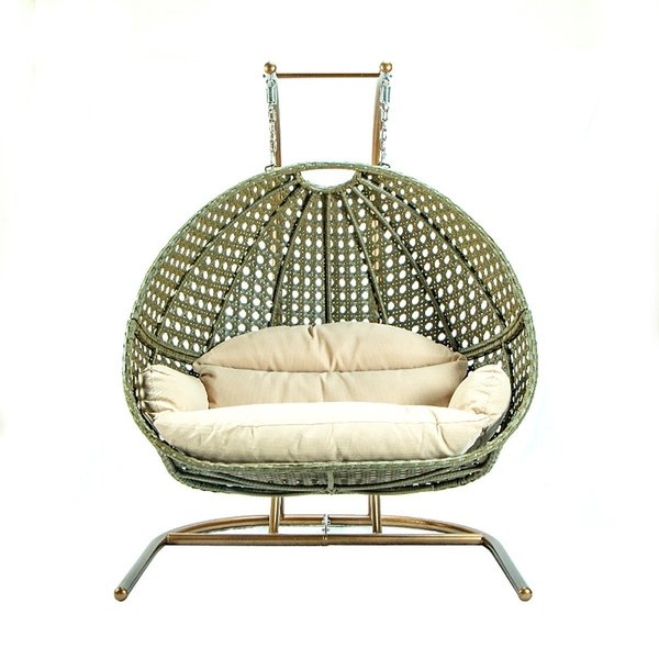 Leisuremod Wicker Hanging Double Egg Swing Chair with Beige Cushions ESCU57BG